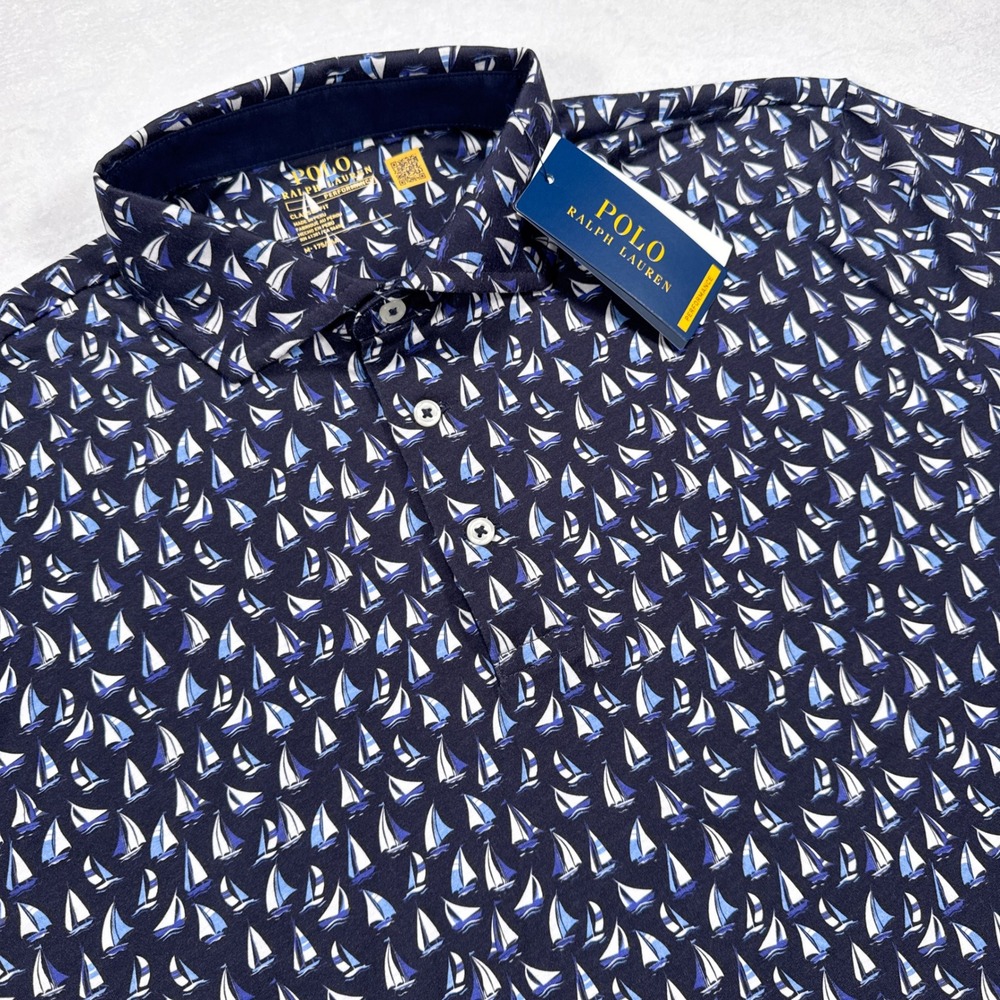 NWT POLO RALPH LAUREN Mens M Navy Sailboat Print Classic Fit Golf Polo‎ Shirt